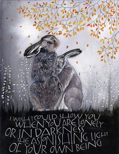 a painting of a rabbit sitting in front of a tree with an inscription on it