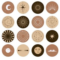 nine different types of circles with stars and planets in them