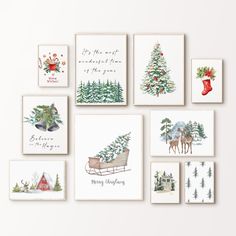 six christmas cards with watercolor drawings on the front and back, all decorated in different styles