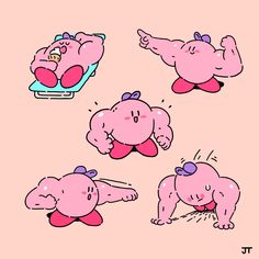 some pink cartoon characters with different expressions on their faces and body, one is laying down