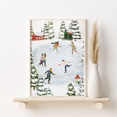 a painting of people skating on a rink in the snow with pine trees and houses