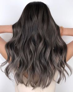 Fall Hair Color For Brunettes Ash, Cool Toned Brunette Hair With Ash Balayage, Misty Ash Hair Color, Dark Mushroom Brown Balayage, Dark Grey Highlights On Dark Hair, Dark Brown Hair Subtle Balayage, Cool Tone Balayage Brunette Dark, Dark Ash Brown Highlights