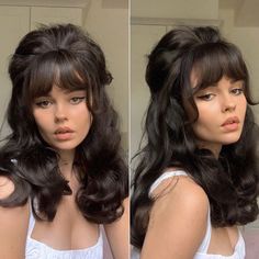 1960s Hair Half Up Half Down, 60s Disco Hair, 1500 Hairstyles Woman, Footloose Hair, 60s Bangs, 70s Inspired Hair, 1960s Hair And Makeup, Rockabilly Aesthetic, 1970s Makeup