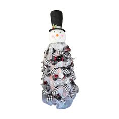 a snowman decoration with black and white bows