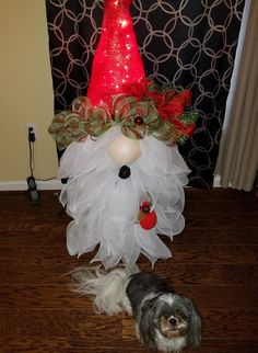 a dog laying on the floor next to a christmas decoration