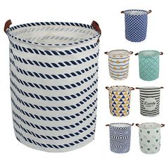 several different types of baskets with handles on each side and various patterns in the middle