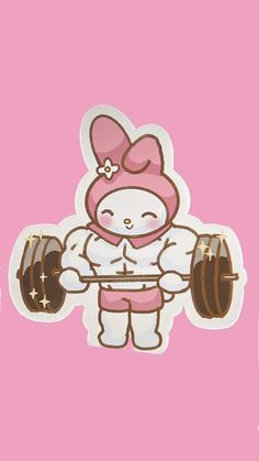 a pink sticker with an image of a bunny holding a barbell on it