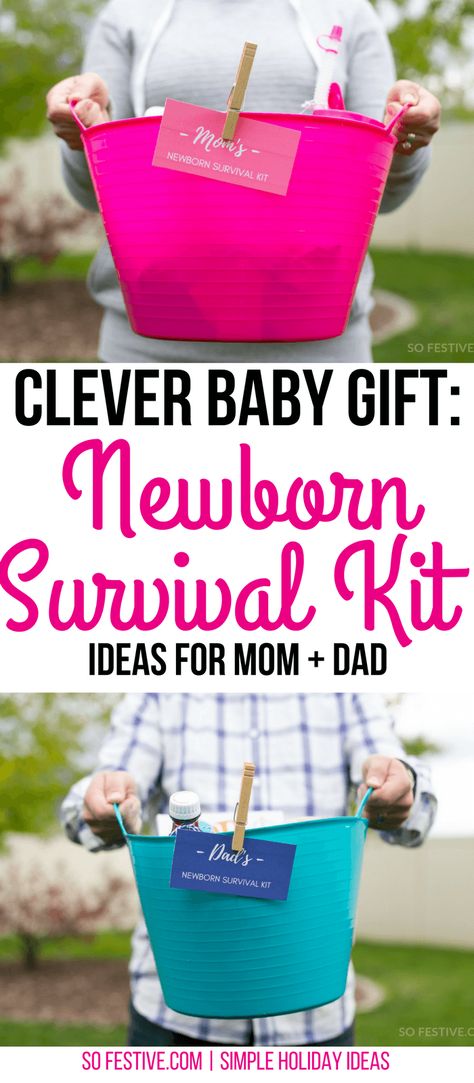 How to Make a Newborn Survival Kit for a Baby Shower Gift! - So Festive! Parent Survival Kit, Newborn Survival, New Mom Survival Kit, Creative Baby Shower Gifts, Practical Baby Shower Gifts, Mom Survival Kit, Survival Kit Gifts, Baby Shower Baskets, Creative Baby Shower