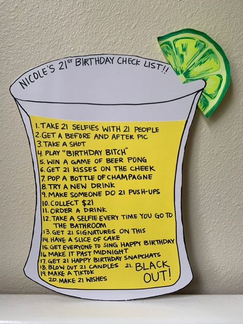 Birthday Checklist 21, 21 Birthday Drinking Games, 21st Birthday Bar Crawl Sign, 21st Birthday To Do List, 21s Birthday Ideas, 21 Birthday Game Ideas, Sign Night 21st Birthday List, 21st Birthday Cabin Party, 21st Bday Activities