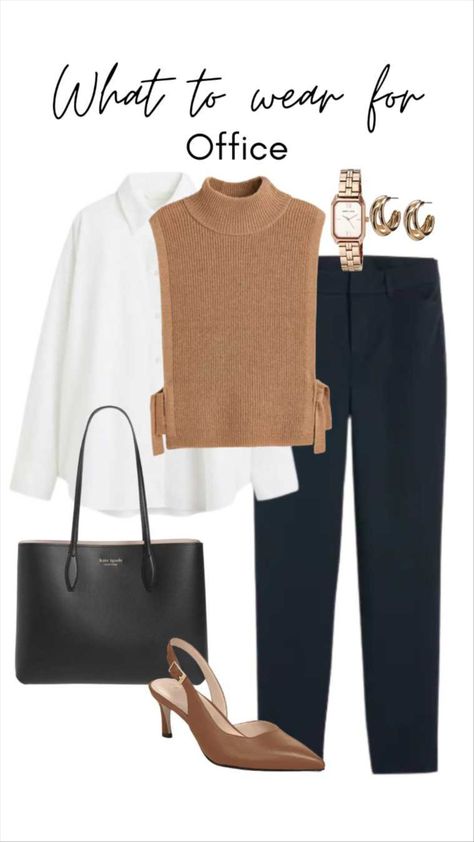 Black Pants Brown Shoes Women, Shirt Pants Shoes Accessories, Tailored Looks For Women, Business Casual Blue Pants, Blue Tailored Pants Outfit, Black White Brown Outfit, White Button Up Shirt Outfit Work, Blue And Brown Outfits For Women, Blue Button Down Shirt Outfit Work