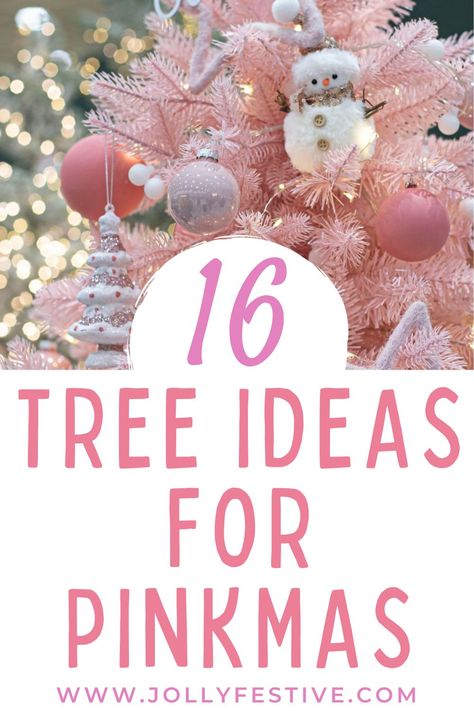 Pink Christmas Ornaments Tree, White Christmas Tree With Pink Lights, Pink Christmas Trees Ideas, Diy Pink Ornaments Christmas Trees, Flocked Tree With Pink Decor, Small Wreath Ideas Christmas Decorations, White Tree With Pink Decorations, Pink Christmas Ornament, White Tree Pink Ornaments