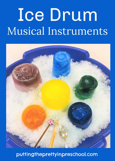 Easy to set up ice drum musical instruments that can be played indoors or outside any time of the year. Music Activities For Kids, Preschool Music Theme, Musical Instruments Preschool, Preschool Music Activities, Daycare Themes, Music For Toddlers, Toddler Curriculum, Winter Music, Homemade Instruments