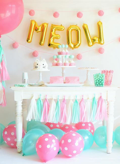 Pastel Colored Kitten Birthday Party Theme Decor - Children's Birthday Party Inspiration Pusheen Birthday, Kitten Birthday Party, Cat Baby Shower, Cat Themed Parties, Cat Themed Birthday Party, Party Cat, Kitten Party, Pet Birthday, Kitten Birthday