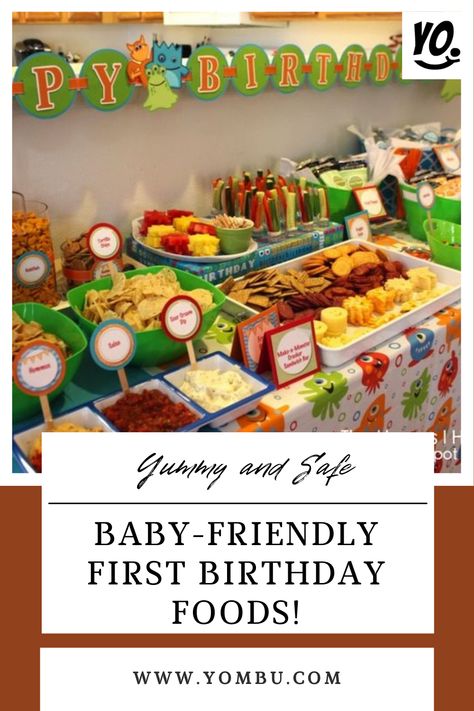 Planning a first birthday party and wondering what foods to serve? These baby-friendly options are sure to please even the pickiest of eaters! From applesauce to sandwiches, crackers to popsicles, there's something for everyone. Check out these ideas to ensure your little one's celebration is a hit! #FirstBirthday #BabyFriendlyFoods #PartyMenu #KidApproved #HealthyEating #YombuParty #PartyIdeas #birthday #inspiration #kidsparty #yombu 1 St Birthday Party Food Ideas, 1st Birthday Snacks Ideas, 1st Birthday Meal Ideas, First Birthday Party Lunch Ideas, Food Ideas First Birthday Party, Treats For 1st Birthday Party, Party Food For First Birthday, Cheap First Birthday Food, 1st Birthday Party Menu Ideas