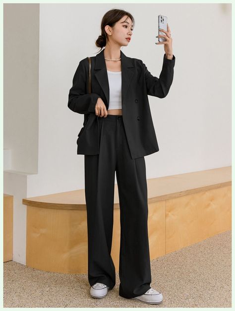 [Promotion] Black Elegant Collar Long Sleeve Plain Embellished Slight Stretch Women Suits #womensuitoutfitsbusiness Black Trouser Outfit, Black Slacks Outfit, Trouser Outfit Women, Elegant Black Pants, Tailored Pants Outfit, Black Womens Suit, Black Trousers Outfit, Outfit Nero, Trousers Women Outfit