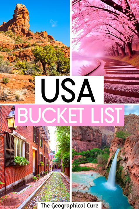 Pinterest pin for USA bucket list Must Travel Destinations In The Us, Bucket Travel List, Usa Trip Bucket Lists, Road Trip Around The United States, Best Usa Vacations, Vacation In Usa Places To Visit, Top Cities To Visit In Us, Adventure Travel Aesthetic, Best States To Visit In The Us