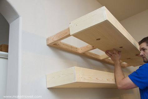 How to Build SIMPLE FLOATING SHELVES (...for any room in the house!) | via Make It and Love It How To Build A Closet In A Room Simple, Build Wall Shelves, 48 Inch Floating Shelf, 60” Floating Shelves, Floating Shelves Brackets Diy, Floating Shelf Dimensions, How To Make A Floating Shelf Diy, Thick Floating Shelf, Wall Length Floating Shelves