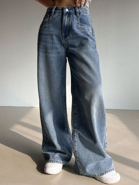 Blue  Collar  Denim Plain Wide Leg Embellished Non-Stretch All Women Clothing Baggy Jeans Style, Aesthetic Baggy Jeans, Pants For School, Long Denim Pants, Jeans Oversize, Loose Pants Outfit, Cat Whiskers, Trendy Dress Outfits, Wide Jeans