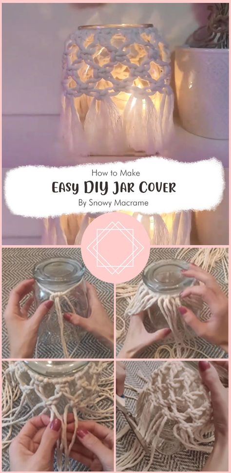 Today we are going to make easy DIY jar cover by snowy macrame. This is such a simple project and it can be made in no time. You can make this for yourself or gift it to someone you love. This is a great idea for people who love to decorate their home with handmade things. They will appreciate the effort that you have put into making this awesome DIY jar cover. Macrame On Jars Diy, Macrame Around Jars, Diy Jar Decoration Ideas, Macrame Pot Cover Diy, Macrame Glass Jar Tutorial, Diy Macrame Jar Covers, Macrame On Jars, Boho Jars Diy, Macrame Jars Tutorial