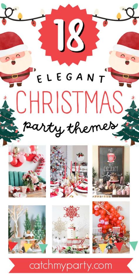 The holiday season is fast approaching which means lots of fun Christmas parties with family and friends. If you are planning a Christmas party in the next coming weeks but are stuck on a holiday party theme be sure to check out all the elegant Christmas party themes that we have rounded up for you. See more party ideas and share yours at CatchMyParty.com Ladies Christmas Party Themes, Holiday Party Themes Christmas, Christmas Party Theme Names, Corporate Christmas Party Decorations, Christmas Party Themes For Adults, Work Christmas Party Ideas, Ladies Christmas Party, Christmas Party Theme, Church Christmas Party