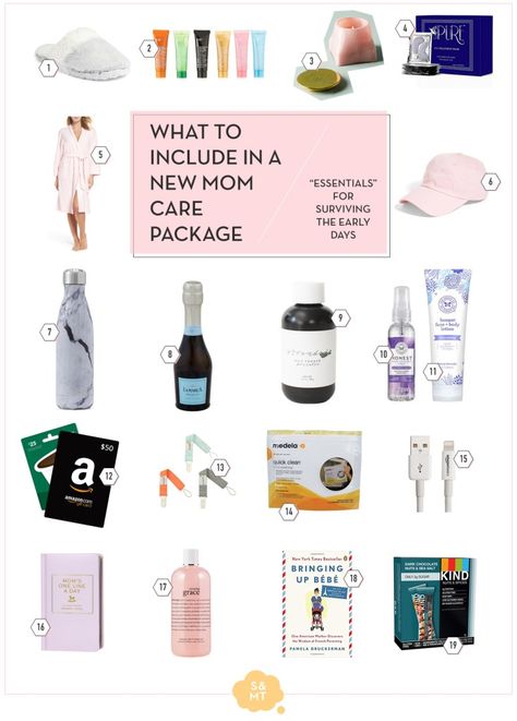 Don't know what to give to a friend who is a new mom? Here is a list of goodies you can include in a care package/gift box! Gifts For New Parents Care Packages, Mommy Care Package, Postpartum Basket, New Mom Haircuts, Pamper Ideas, Newborn Care Package, Gifts For Expecting Moms, New Mom Care Package, Mommy Survival Kit