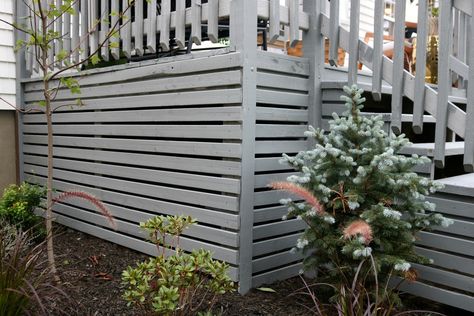 Deck- Switching from Lattice to Slats and How we Clean our Deck - Nesting With Grace Trex Deck Designs Color Schemes, Lattice Alternatives Under Decks, Deck Skirts, Porch Skirting, Deck Skirt, Lattice Deck, Painted Deck, House Skirting, Deck Skirting