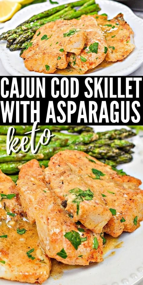 Keto Cajun Cod Skillet With Asparagus - Every bite is a pure delight! Spicy chili mix with a luxurious cream sauce to make an unforgettable keto Cajun cod skillet meal. #keto #Ketodiet #Ketorecipes #ketocajuncod #ketocreamsauce #ketocreamsauce #codfish #seafood #skilletmeals #healthyrecipes #dinnerideas #food #recipes Cajun Cod, Cod Recipes Healthy, Cod Fish Recipes, Cod Recipes, Fish Dinner, Colorful Salads, Spicy Chili, Healthy Drinks Recipes, Keto Recipes Dinner