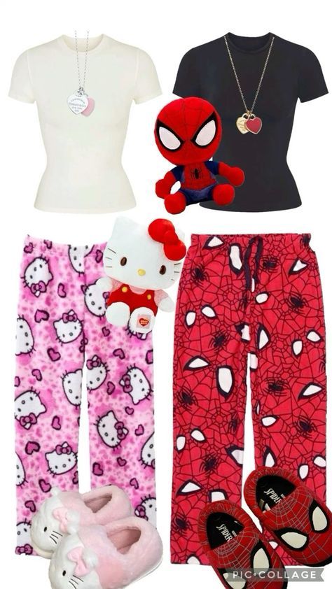 4 Matching Outfits, Bsf Matching Outfits, Matching Outfits For Besties, Spiderman Pyjamas, Hello Kitty And Spiderman, Expectations Of Women, Relatable Photos, Tapeta Hello Kitty, Hello Kitty Pajamas