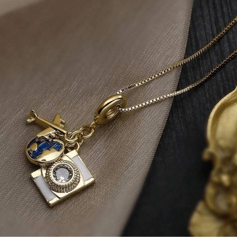 Camera Pendant, Aviation Jewelry, Airplane Jewelry, Teal Rings, Airplane Necklace, Travel Globe, Travel Charms, Long Statement Necklace, Golden Chain