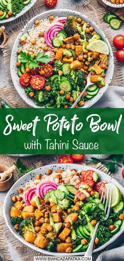 Buddha Bowl Quinoa, Easy Vegan Buddha Bowl, Tahini Bowl, Sweet Potato Bowl, Chickpea Bowl, Vegan Bowl Recipes, Salat Bowl, Sweet Potato Chickpea, Buddah Bowl