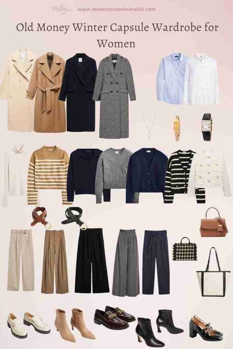 How to create an old-money capsule wardrobe for women? – Winter edition - Modest and Minimalist Old Money Coats Women, Old Money Winter Wardrobe, Old Money Style Woman Outfit, Capsule Wardrobe Old Money Style, Old Money Capsule Wardrobe Winter, Old Money Winter Capsule Wardrobe, Winter Outfit Old Money, Old Money Fall Wardrobe, Old Money Aesthetic Capsule Wardrobe