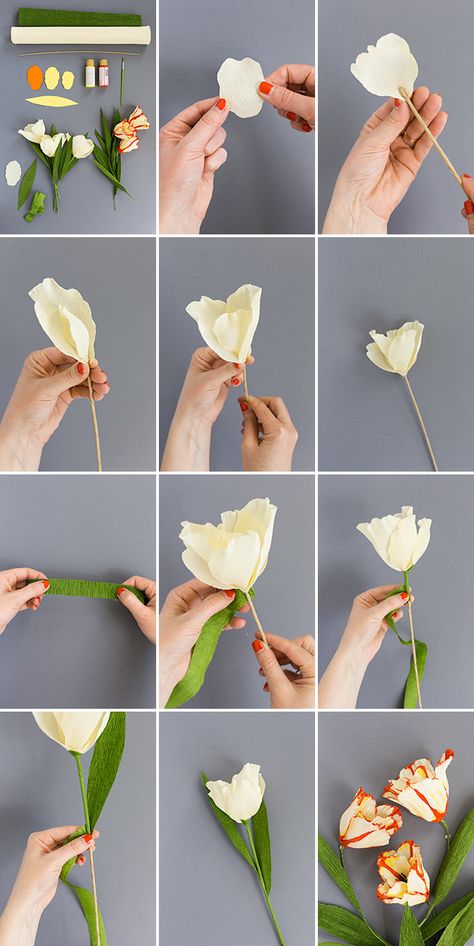 Flower of the month: parrot tulip - The House That Lars Built Crepe Paper Tulips Diy, Tulip Paper Flower, Diy Tulips, Paper Flowers Step By Step, Paper Flower Ideas, Paper Tulips, Flori Fondant, Crepe Flowers, Flowers Step By Step