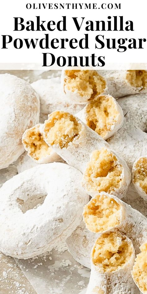 Powdered sugar donuts are soft, moist and fluffy, lightly spiced baked donuts coated in powdered sugar. These cake-style powdered donuts are quick and easy to make using two bowls, a whisk and a donut pan. If you can make muffins, you can make these cozy powder sugar donuts. Baked Powdered Donut Recipes, Powered Donuts Recipes, Flour And Baking Powder Recipes, Plain Baked Donuts With Donut Pan, Powder Donut Cake, Two Ingredient Donuts Recipe, Moist Cake Donut Recipe, Donut Whole Recipe, Healthy Homemade Donuts Recipe