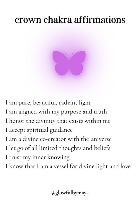 Positive Spiritual Affirmations, Crown Affirmations, Affirmations For Chakras, Chakra Affirmations Mantra, Crown Chakra Affirmation, Soul Affirmations, Chakra Mantras, Chakras Affirmations, Self Love Spirituality