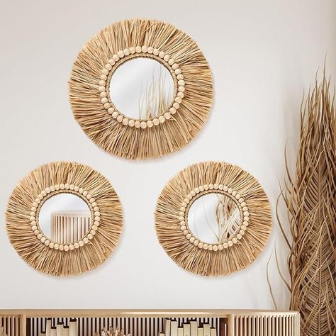 Amazon.com: 3 Pcs Boho Raffia Mirror Wall Hanging Decor 15.8 Inch 11.8 Inch Rustic Round Boho Circle Mirrors with Wood Bead Farmhouse Aesthetic Nursery Mirrors for Bedroom Living Room Bathroom Wall Decor : Home & Kitchen Nursery Mirrors, Mirrors For Bedroom, Aesthetic Nursery, Circle Mirrors, Nursery Mirror, Raffia Mirror, Mirror Wall Hanging, Boho Mirror, Farmhouse Aesthetic