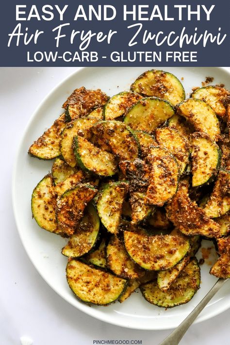 This air fryer zucchini is so easy to make with only a few simple ingredients. It is made with zucchini, olive oil, parmesan cheese and spices. The air fryer allows the zucchini to get crispy and delicious in not time at all! A wonderful gluten free, low-carb healthy side dish that everyone will love! Fried Zucchini Recipe, Fried Zucchini Recipes, Easy Healthy Side Dishes, Air Fryer Zucchini, Zucchini Recipes Healthy, Healthy Air Fryer, Gluten Free Low Carb, Healthy Side Dish, Gluten Free Sides Dishes