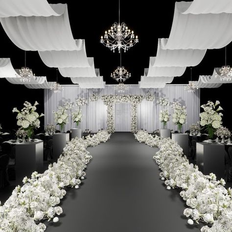 Wedding Rendering, Black And White Wedding Theme, Majlis Perkahwinan, Wedding Ceiling, Dream Wedding Decorations, Wedding Planning Decor, White Wedding Theme, Wedding Arches, Luxury Wedding Decor