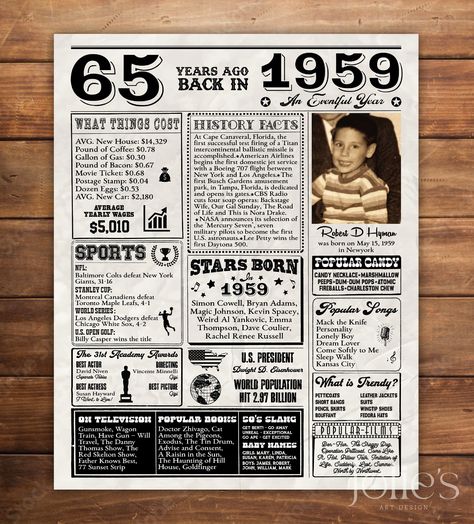 Custom 65th Birthday Poster, 1959 Printable Sign Board - Style 27 A fun birthday poster filled with facts, events, and tidbits from 1959. Makes an excellent gift or party decoration!  DIGITAL PRINTABLE FILES ONLY! No physical prints will be sent   NO shipping cost! Digital file will be emailed to you   There are some good printing services you can reference: - Walgreens: http://photo.walgreens.com - Staples: www.staples.com - Vistaprint: www.vistaprint.com - Costco: www.costcophotocenter.com/Hom Printable Newspaper, 60th Birthday Poster, 40th Birthday Poster, Prints Collage, Collage Posters, 85th Birthday, 90th Birthday Gifts, Anniversary Sign, 65th Birthday