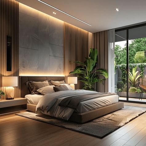 High-tech modern bedroom with a focus on incorporating automated lighting and climate control for a personalized and optimized living experience Dark Modern Bedroom, Black Bedroom Design, تصميم للمنزل العصري, Bedroom Night, Luxury Bedroom Master, Elegant Bedroom, Room Design Bedroom, Modern Bedroom Design, Dream House Interior