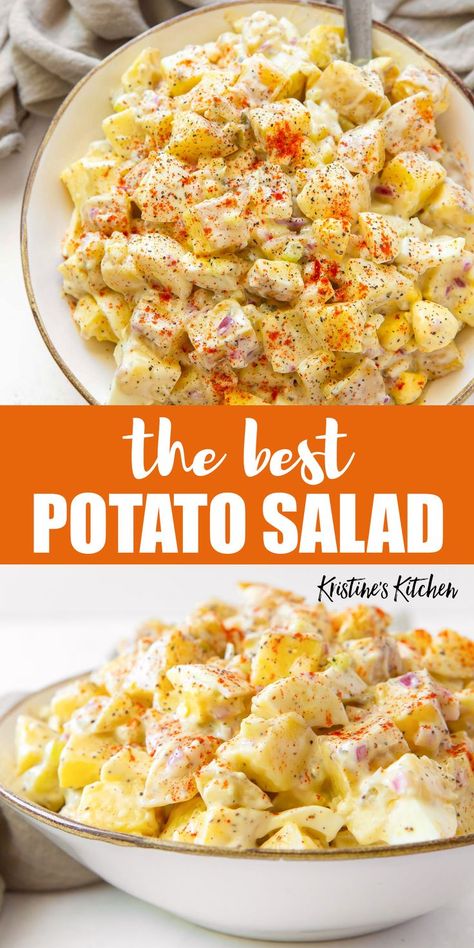 This Potato Salad Recipe makes the BEST classic potato salad! This favorite side dish is easy to make with egg, potatoes, pickle relish, onion, celery and a creamy homemade potato salad dressing. Enjoy this traditional potato salad at your next BBQ! Taste Of Home Potato Salad, Potato Salad With Chicken, Best Potato Salad Recipe With Egg, Easiest Side Dishes, Easy Homemade Potato Salad, Cooking And Grilling With Ab, Restaurant Inspired Recipes Easy, Easy Southern Dinner Recipes, Potato Salad With Carrots