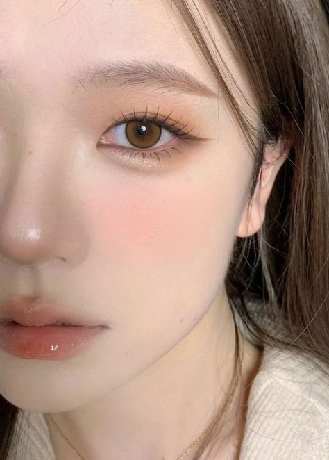 winter Korean makeup look: soft nude tone Korean No Makeup Makeup Look, No Makeup Korean Look, Douyin Makeup Peach, Brown Tone Makeup Looks, Warm Makeup Looks Natural, Douyin Simple Makeup, Brown Eyeliner Asian, Cool Tone Makeup Looks Natural, Warm Korean Makeup