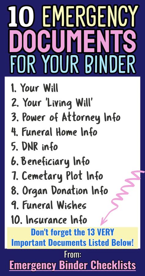 Important Documents Binder Organization Checklists - 10 Emergency Documents you need in your binder, notebook, planner or filing system. From Emergency Binder Checklist Organisation, List Of Important Documents To Keep, Important Documents Checklist, Life Binder Categories, Trust Documents, Emergency Binder Checklist, Emergency Documents, Emergency Folder, Getting Your Life Together Checklist