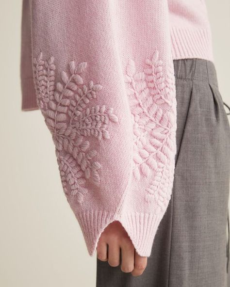 Instagram Embroidery Knitwear, Embroidery With Wool, Wool Aesthetic, Unique Knitwear, Knit Embroidery, Dahlia Pink, High Neck Collar, Yarn Embroidery, Knitwear Inspiration