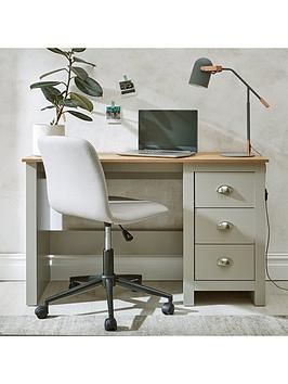 Atlanta Study Desk in Light Grey/Oak Effect This stylish desk is great for kids to study at or for you to use when working from home. The smart two-tone finish features a light grey base with a contrasting oak-effect top that measures 119 cm in width. Three drawers provide plenty of room for files, folders, stationery and more, and they're finished with shiny square handles and easy-glide metal runners. Please remember to measure your available space before ordering. Dimensions: Height 75, Width 2025 Moodboard, Desk For Girls Room, Desk For Bedroom, Baby Bedroom Furniture, Purple Desk, Girl Desk, Grey Desk, Stylish Desk, Simple Desk