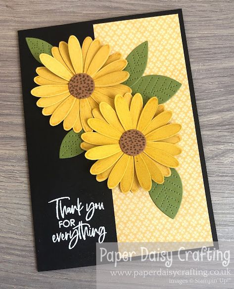 Daisy Punch Harvest card Stampin Up Croquis, Handmade Greeting Card Designs, File Decoration Ideas, Card Design Handmade, Paper Daisy, Sunflower Cards, Thank You Card Design, Book Art Diy, Crafting Paper