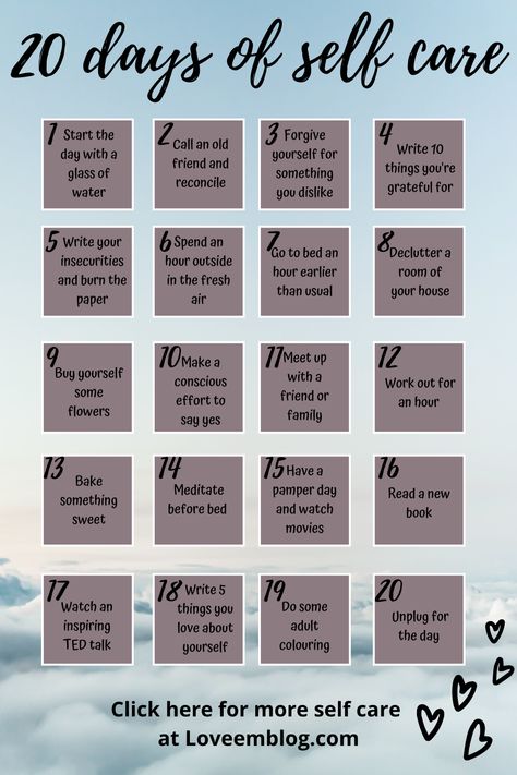 Take 20 days to complete the self-care challenge! Each day gives a new task to do so by the end of it you're feeling relaxed, appreciated and refreshed. This is the perfect challenge to complete in lockdown   #challenge #selfcare #love #gratitude Organisation, Tasks To Do, 20 Days Glow Up Challenge, 20 Day Glow Up Challenge, 21 Days Challenge To A Better You, 20 Days Challenge, Happiness Advice, Mindfulness Challenge, Care Tasks