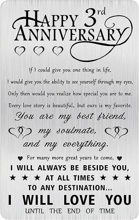 Amazon.com: Alotozo Happy 3rd Anniversary Sweet Gifts for Him Husband, Happy 3 Year Wedding Anniversary Engraved Wallet Card Gift for Her Men : Clothing, Shoes & Jewelry Him And Her Gifts, Special Anniversary Gifts For Him, 11 Month Anniversary Quotes For Him, 3 Rd Anniversary Quotes, Happy 3rd Anniversary To My Husband, Idea For Anniversary For Him, Happy 3 Anniversary To My Husband, 3 Anniversary Quotes, 3year Anniversary Quotes