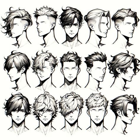 Hairstyles For Medium Length Hair Draw, Hair Up Drawing Reference Male, Short Hair Male Reference, Haircut For Men Drawing, Male Side Hair Drawing, How To Draw Male Hairstyles, Make Hair Drawing Reference, Different Hair Drawing Styles, Make Hair Reference