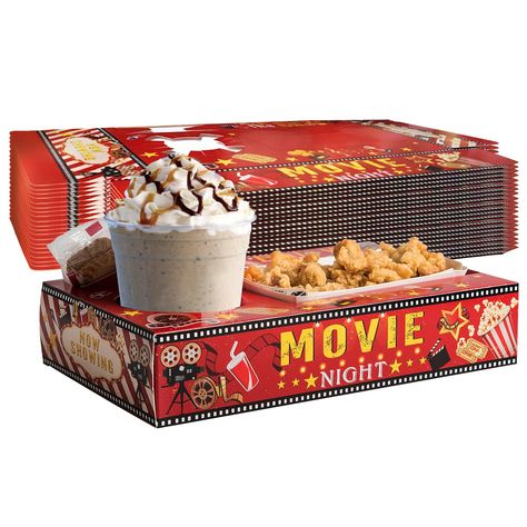 PRICES MAY VARY. Movie Night Snack Trays - Combination paper snack tray for holding beverages, popcorn, candy and all kinds of snacks, just like you are in a movie theater. Perfect for use at movie night party or other celebrations. Material and Size: The material of vintage red golden food trays are made of high quality cardboard, and perfect size for holding variety of cups, snack boxes and popcorn boxes. And these movie night boxes are printed with movie night themed patterns, such as popcorn Kids Movie Night Birthday Party, Cinema Theme Party, Movie Night Family, Halloween Movie Night Party, Vintage Movie Night, Movie Night Party Favors, Couples Movie Night, Cinema Theme, Indoor Movie Night