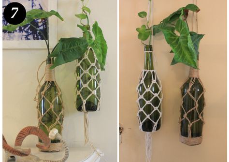 7 Macrame Bottle Plant Hanger, Macrame Bottle Hanger, Macrame Wine Bottle Holder Diy, Macrame Wine Bottle Holder, Wine Bottle Holder Diy, Macrame Bottle Holder, Macrame Bottle, Wine Bottle Planter, Plants In Bottles